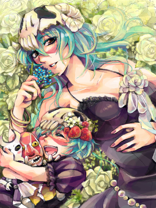 2girls, bleach, dondochakka_birstanne, dual_persona, food, fruit, green_hair, looking_at_viewer