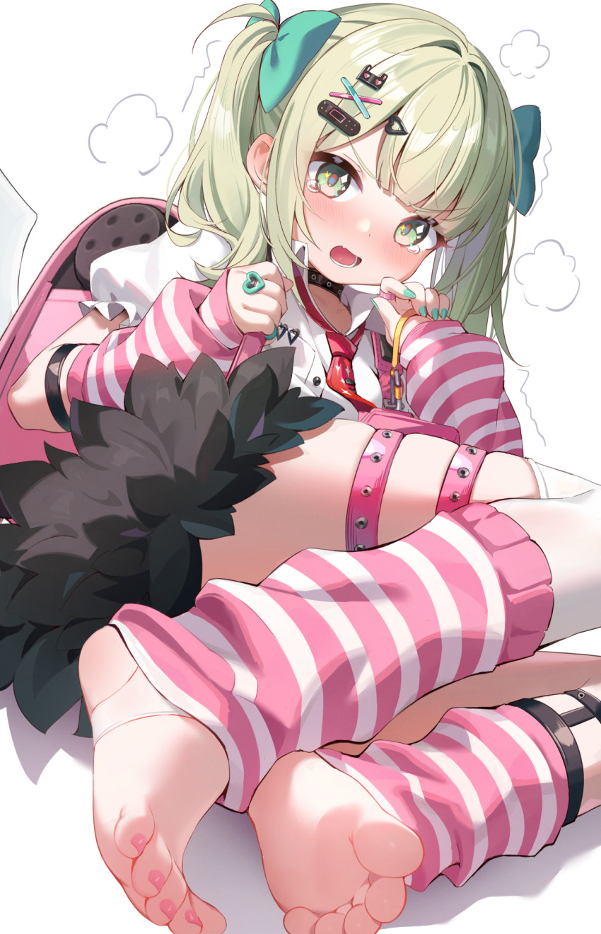 1girl, alternate_hairstyle, aqua_nails, arm_warmers, bag, bandaid, bandaid_hair_ornament, barefoot, black_choker, black_skirt, blush, chinese_commentary, choker, commentary_request, feet, fur-trimmed_skirt, fur_trim, green_eyes, green_hair, hair_ornament, hair_ribbon, highres, jewelry, leg_warmers, long_hair, looking_at_viewer, lying, multicolored_leg_warmers, multiple_hair_clips, multiple_thigh_straps, nahaki, nail_polish, necktie, no_shoes, on_side, open_mouth, pink_arm_warmers, pink_bag, pink_leg_warmers, pink_nails, red_necktie, ribbon, ring, shirt, skirt, soles, solo, stirrup_legwear, striped_arm_warmers, striped_leg_warmers, sunna_(zenless_zone_zero), tears, thigh_strap, toeless_legwear, toenail_polish, toenails, toes, twintails, two-tone_leg_warmers, white_shirt, white_wings, winged_bag, wings, zenless_zone_zero