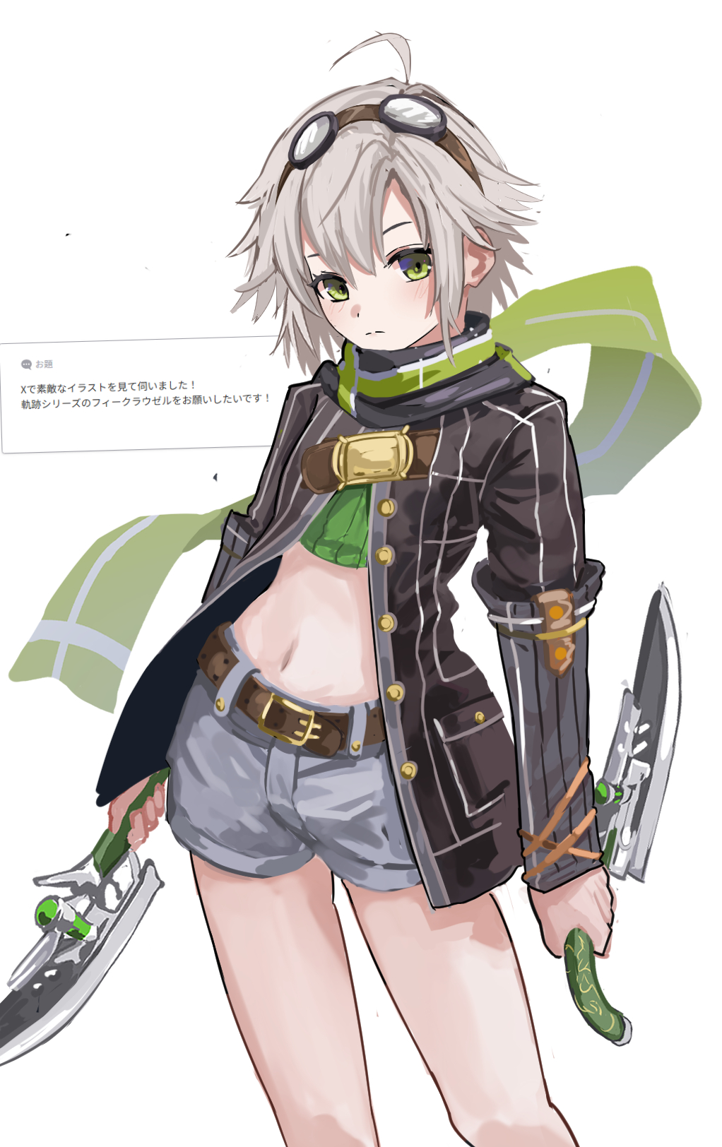 1girl, ahoge, bob_cut, closed_mouth, commentary_request, cowboy_shot, crop_top, denim