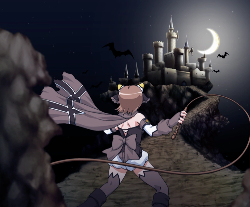 1girl, bat_(animal), bloomers, bow, castle, castlevania_(series), crescent_moon, cross