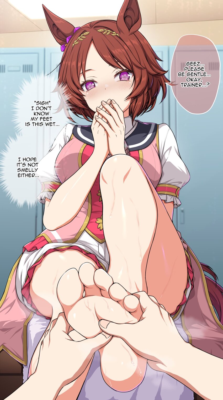 1girl, 1other, absurdres, animal_ears, ascot, barefoot, blush, breasts, brown_hair, commentary, covering_own_mouth, ear_ornament, english_commentary, english_text, feet, flower-shaped_pupils, foot_focus, foot_massage, highres, horse_ears, horse_girl, horse_tail, legs, looking_at_viewer, medium_breasts, nose_blush, pink_ascot, pink_eyes, pink_hair, pink_shirt, pov, pov_hands, puffy_short_sleeves, puffy_sleeves, sakura_laurel_(saisir_le_reve)_(umamusume), sakura_laurel_(umamusume), sheita, shirt, short_hair, short_sleeves, shorts, sitting, speech_bubble, sweat, symbol-shaped_pupils, tail, thighs, toenails, toes, umamusume, white_shorts