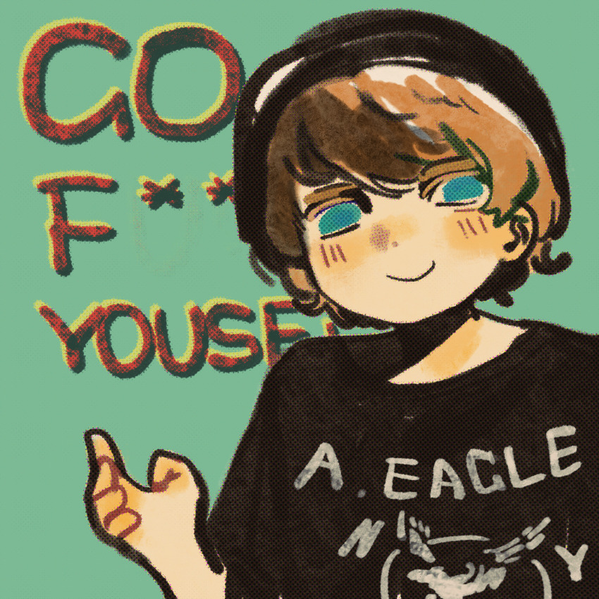 1boy, animification, aqua_background, beanie, black_hat, black_shirt, blonde_hair, blue_eyes