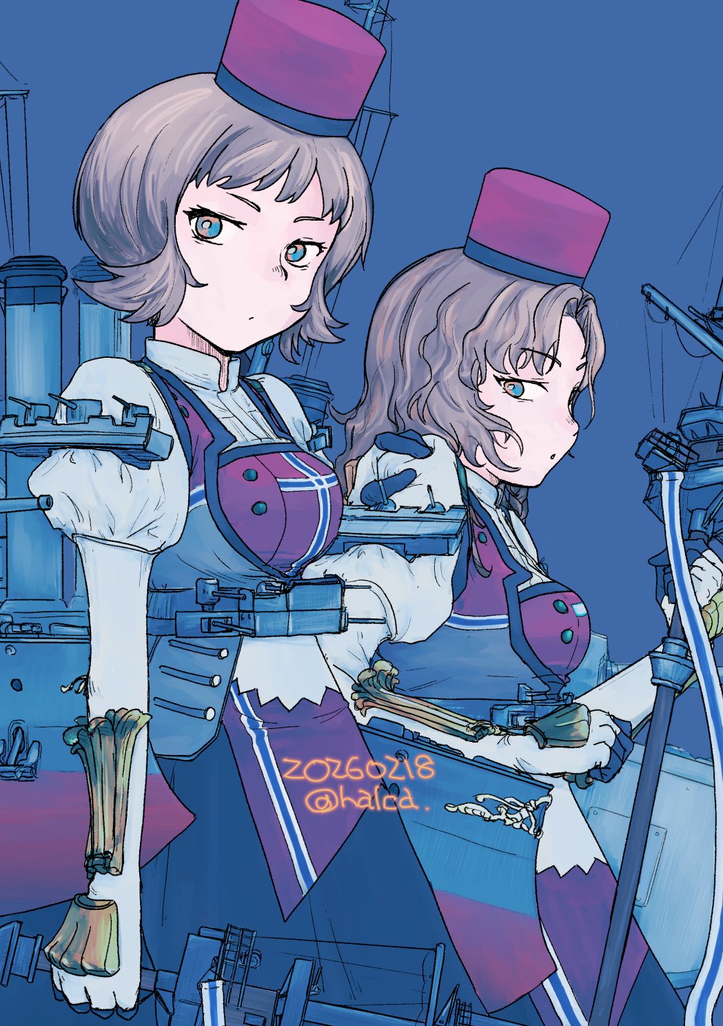 2girls, armor, black_skirt, blonde_hair, blue_background, blue_eyes, dated, eidsvold_(kancolle)