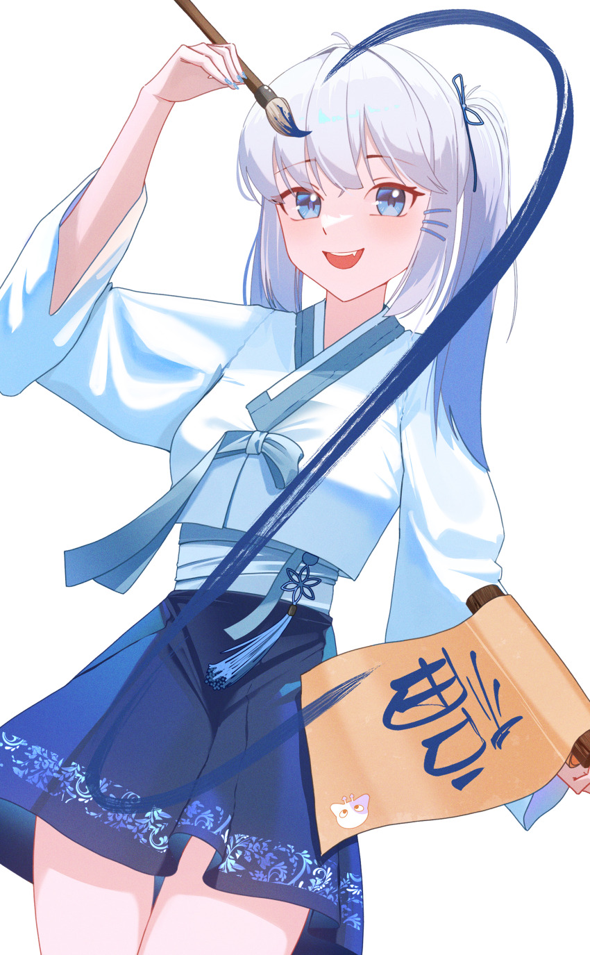 1girl, absurdres, blue_eyes, blue_hair, blue_nails, blue_skirt, calligraphy_brush, commentary