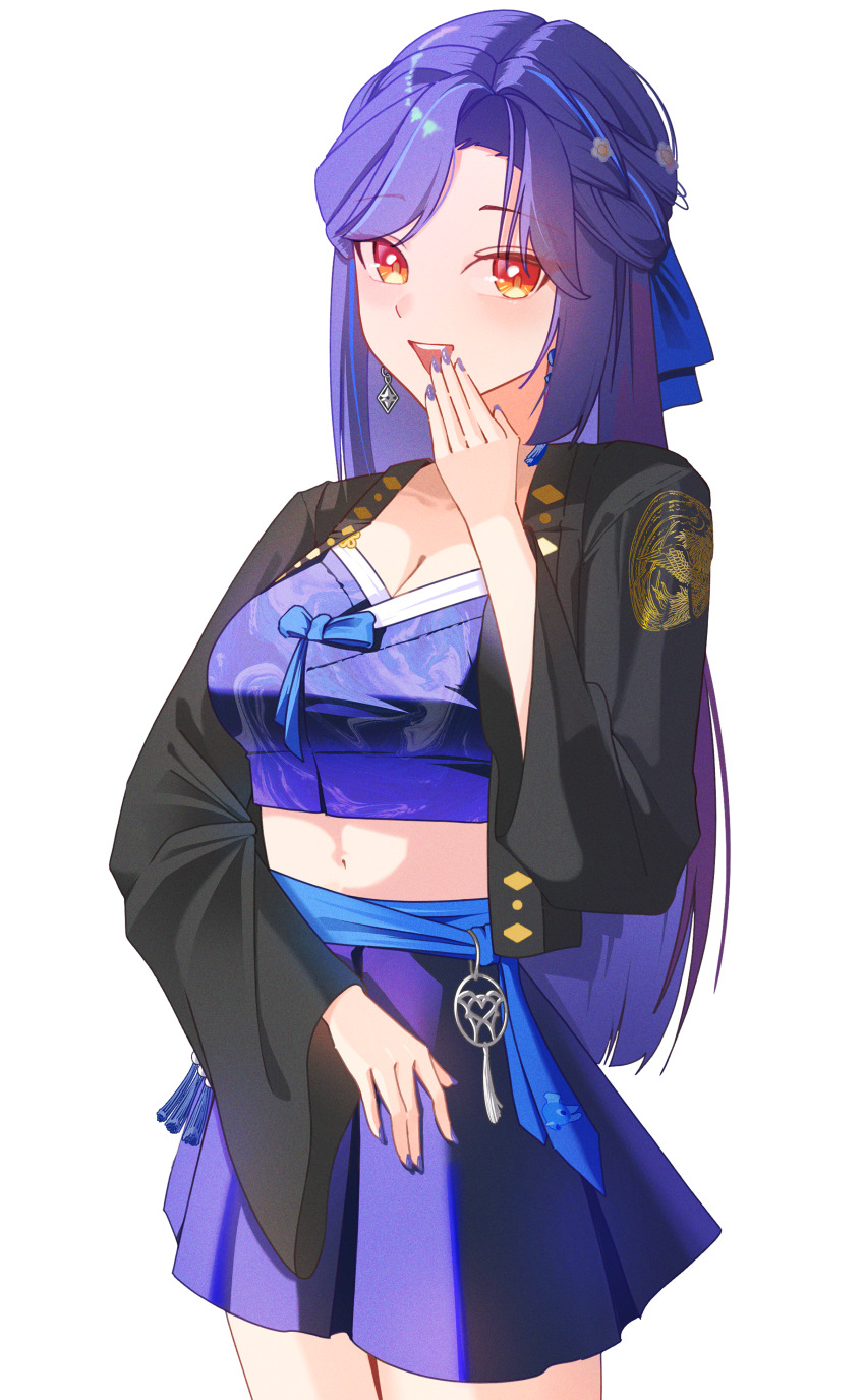 1girl, :d, absurdres, bakjwi_(lilpa), black_jacket, blue_hair, blue_nails, blue_ribbon, blue_skirt, breasts, cleavage, commentary, covering_own_mouth, cowboy_shot, crop_top, cropped_shirt, earrings, gumbshil, hair_ornament, hanbok, hand_to_own_mouth, highres, jacket, jewelry, korean_clothes, korean_commentary, lilpa, long_hair, long_sleeves, looking_at_viewer, medium_breasts, midriff, miniskirt, nail_polish, navel, open_clothes, open_jacket, open_mouth, orange_eyes, pleated_skirt, purple_hair, purple_nails, purple_skirt, red_eyes, ribbon, simple_background, skirt, smile, solo, standing, virtual_youtuber, waktaverse, white_background