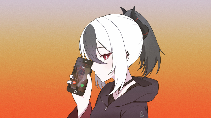 1girl, black_choker, black_hair, black_hoodie, black_horns, black_nails, blue_archive, cellphone