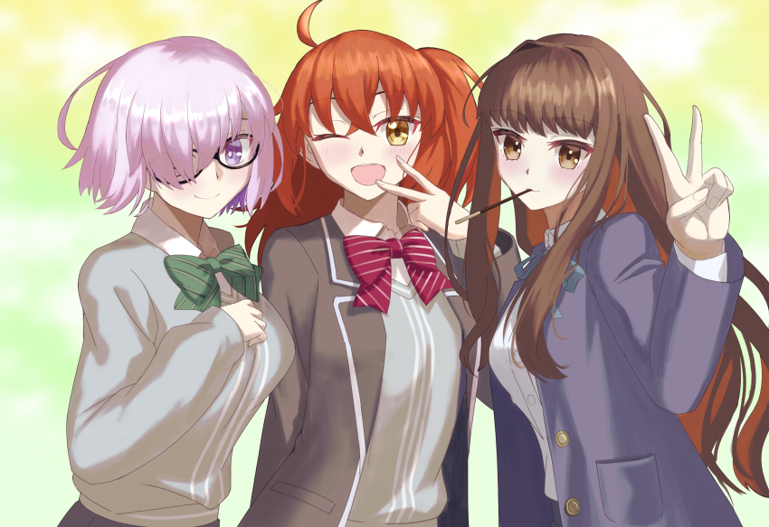 3girls, absurdres, after_time_valentine_2026, ahoge, black_jacket, blue_jacket, blue_skirt, blush