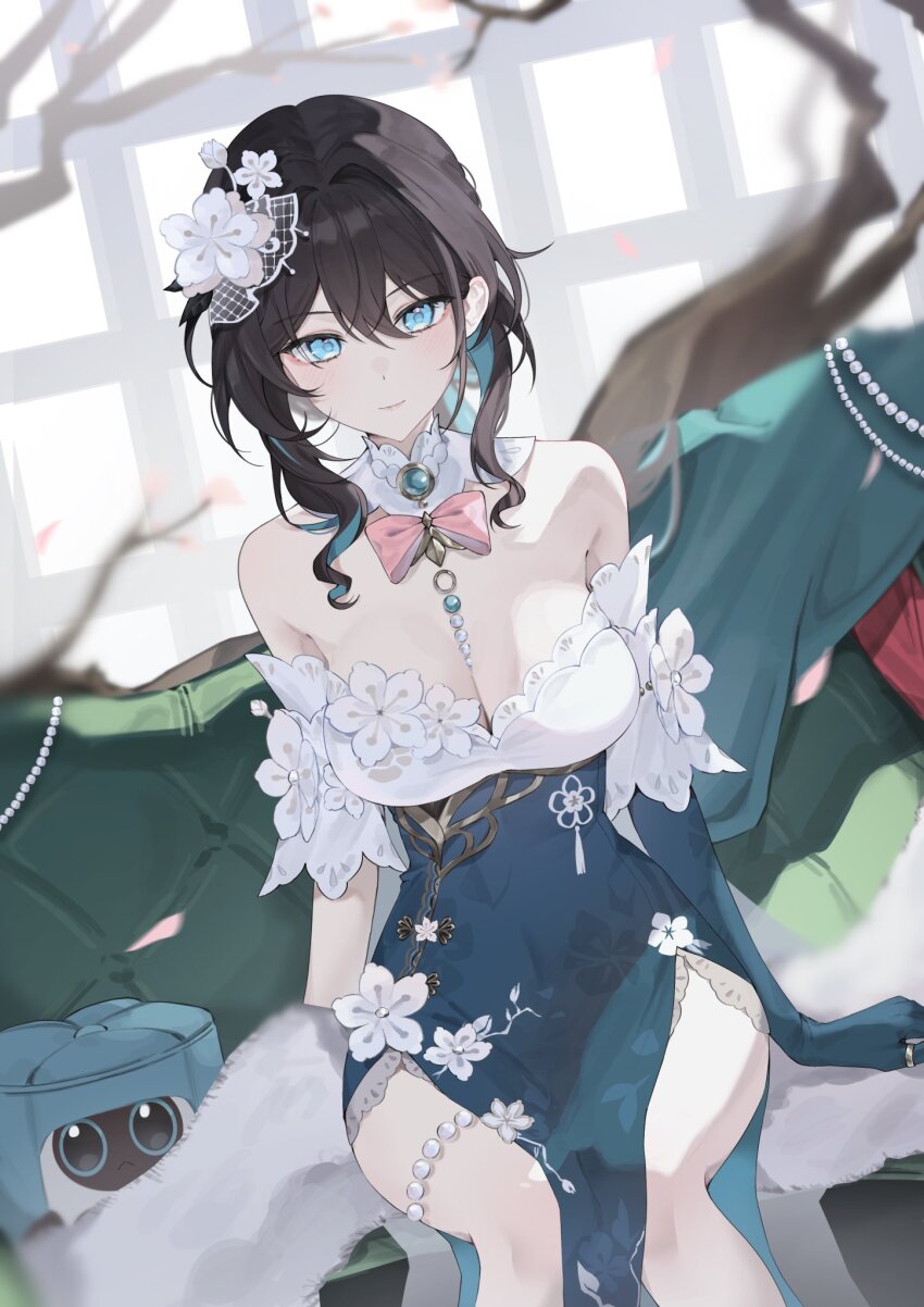 1girl, aqua_dress, aqua_eyes, aqua_gloves, aqua_hair, bare_shoulders, black_hair, breasts