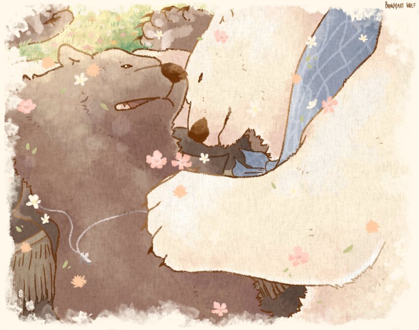 artist_name, bear, blue_scarf, bluesofburkhart, brown_bear, brown_fur, brown_vest, cherry_blossoms