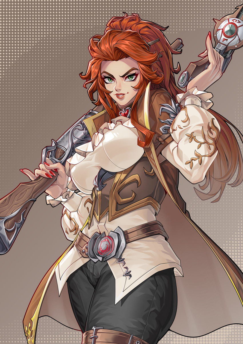 1girl, absurdres, black_pants, breasts, commentary, elsa_bloodstone, green_eyes, grin