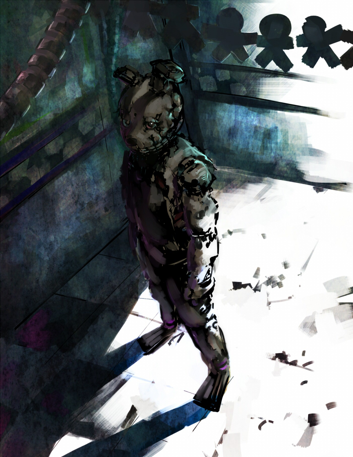 1boy, animal_ears, animal_nose, arms_at_sides, backlighting, commentary_request, damaged, five_nights_at_freddy's