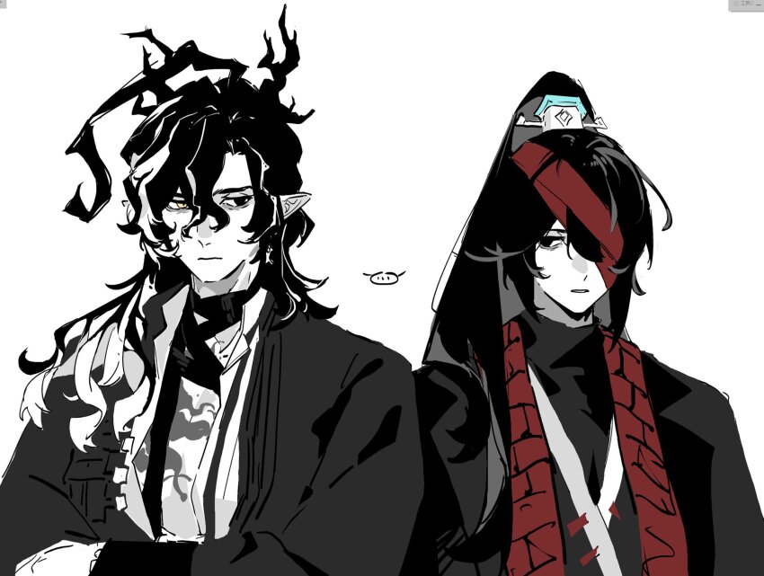 2boys, arknights, bandage_over_one_eye, black_coat, black_hair, chengnnnan, closed_mouth, coat
