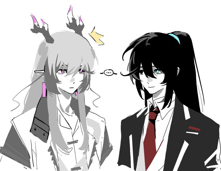 2boys, ^^^, aqua_eyes, arknights, black_coat, black_hair, chengnnnan, closed_mouth, coat, collared_shirt, commentary_request, earrings, highres, hong_lu_(project_moon), jewelry, lapels, limbus_company, long_hair, multiple_boys, necktie, notched_lapels, project_moon, red_necktie, shirt, sidelocks, simple_background, smile, very_long_hair, white_background, white_shirt, yi_(arknights)