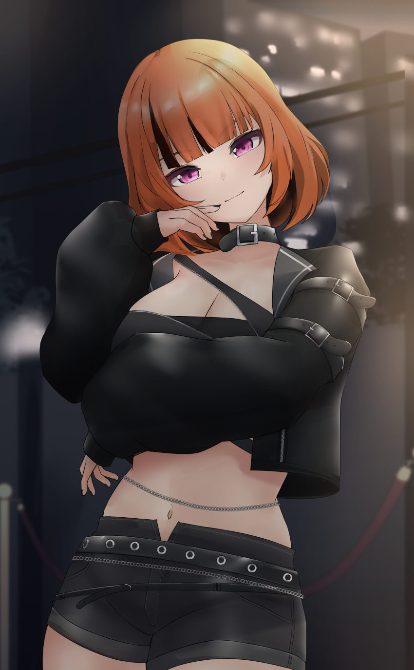 1girl, absurdres, aidoruhakase, belly_chain, black_choker, black_nails, black_shorts, blunt_bangs