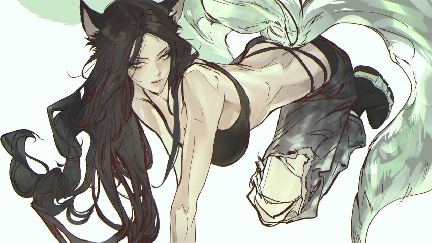 1girl, ahri_(league_of_legends), animal_ears, black_hair, black_shirt, breasts, crop_top, fox_ears, fox_girl, fox_tail, highres, kitsune, kyuubi, large_breasts, league_of_legends, long_hair, looking_at_viewer, multiple_tails, open_mouth, pants, puppy_1ove, shirt, solo, tail, torn_clothes, torn_pants, yellow_eyes
