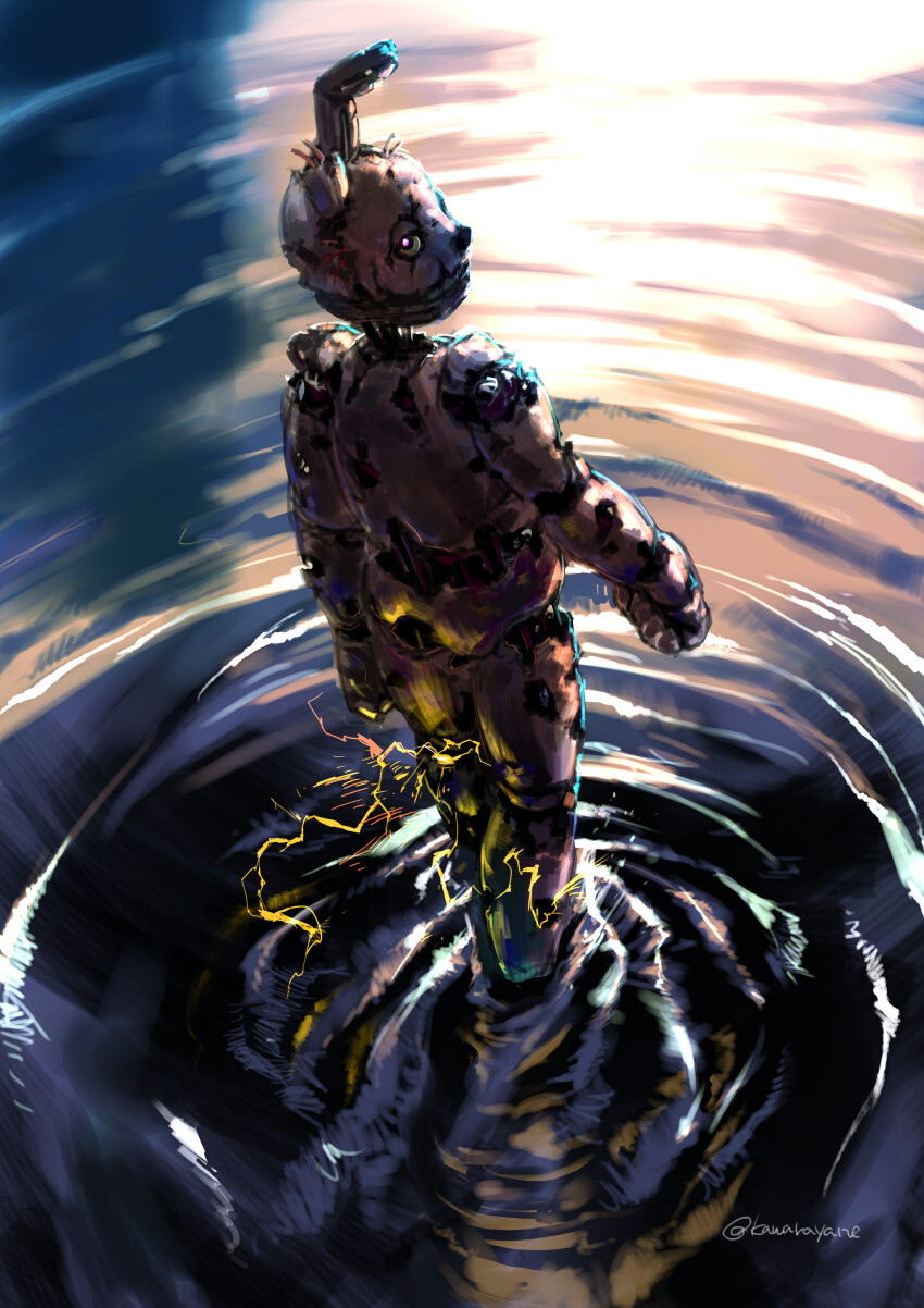 1boy, absurdres, animal_ears, animal_nose, commentary_request, damaged, electricity, five_nights_at_freddy's, five_nights_at_freddy's_3, from_behind, full_body, highres, humanoid_robot, kawarayane, looking_at_viewer, looking_back, rabbit_ears, ripples, robot, solo, springtrap, standing, standing_on_liquid, twitter_username, water