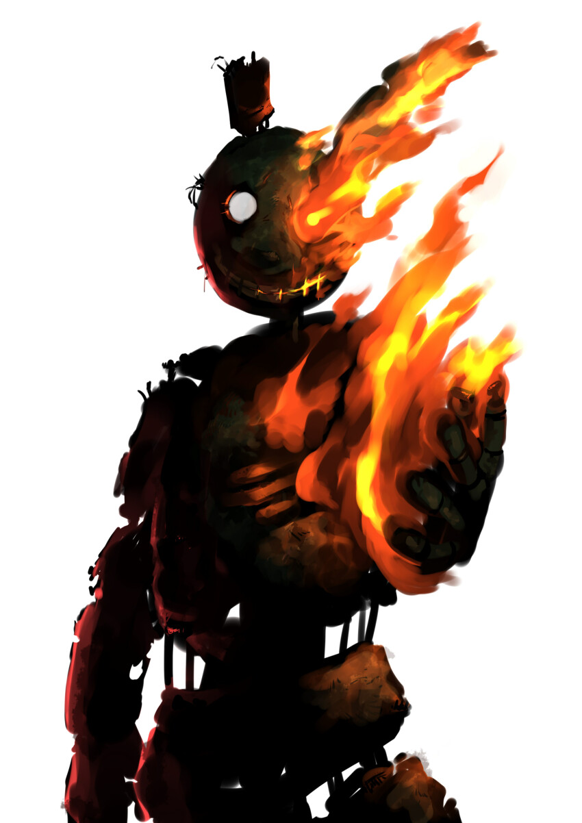 1boy, animal_ears, bone, burning, commentary_request, cowboy_shot, damaged, fire