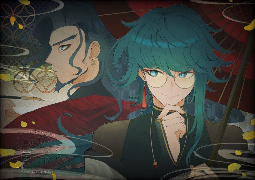 2boys, absurdres, blowing_smoke, blue_eyes, blue_hair, commentary, earrings, glasses