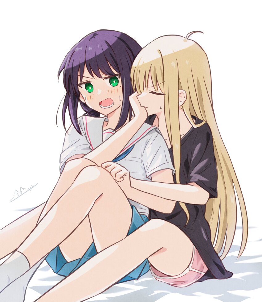 2girls, absurdres, between_legs, black_shirt, blonde_hair, blue_necktie, blue_skirt, blush