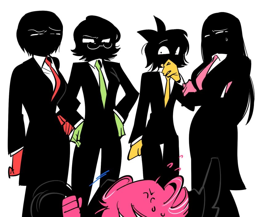 6+girls, another_cup_(synthesizer_v), black_jacket, bow, crossed_arms, disgust, formal_clothes, glasses