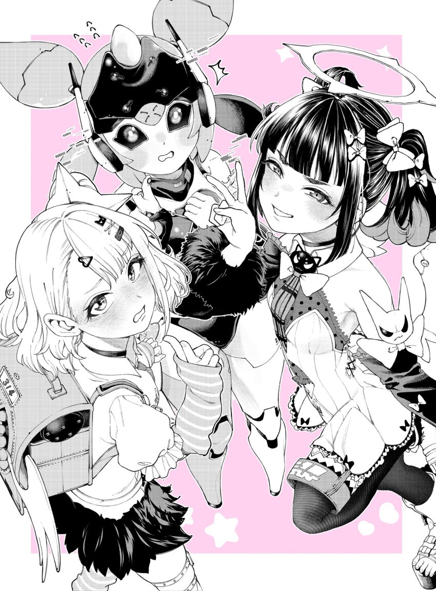 3girls, angels_of_delusion, aria_(robot)_(zenless_zone_zero), aria_(zenless_zone_zero), backpack, bag, bare_shoulders, blush