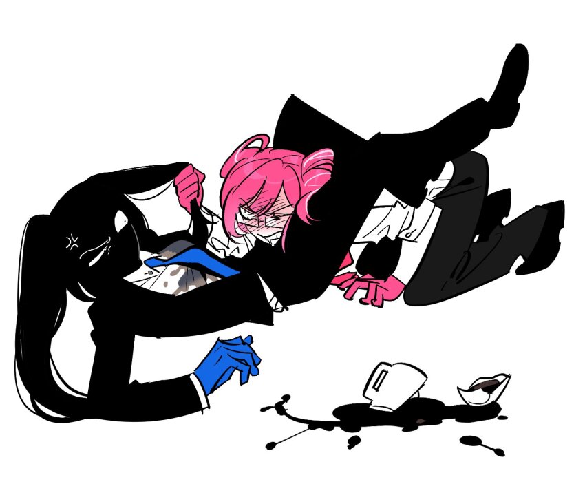 2girls, another_cup_(synthesizer_v), black_pants, blue_gloves, blue_necktie, clenched_teeth, gloves, grabbing_another's_hair