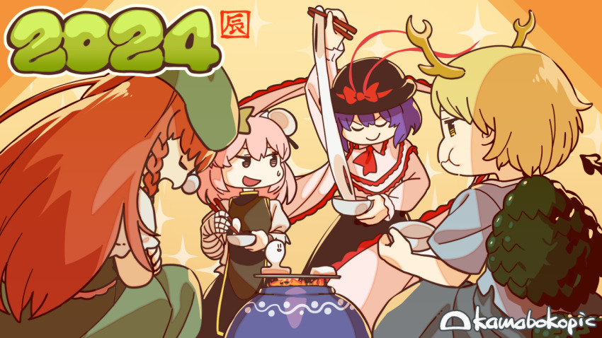 2024, 4girls, bandaged_arm, bandages, black_hat, blonde_hair, bow, chinese_zodiac