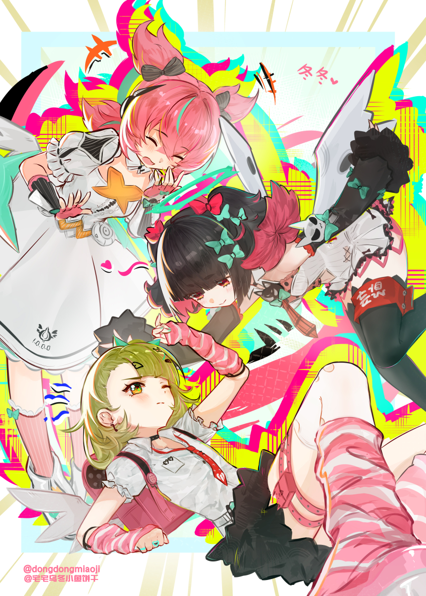 3girls, absurdres, angels_of_delusion, aria_(human)_(zenless_zone_zero), aria_(zenless_zone_zero), arm_warmers, artist_name, black_hair