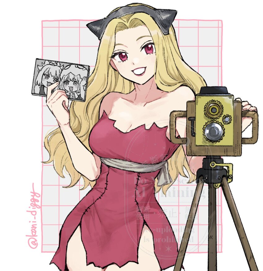 1girl, bare_shoulders, blonde_hair, breasts, camera, cleavage, collarbone, dr._stone