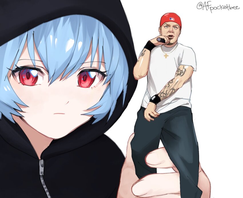 1boy, 1girl, arm_tattoo, ayanami_rei, black_jacket, blue_hair, character_figure, closed_mouth