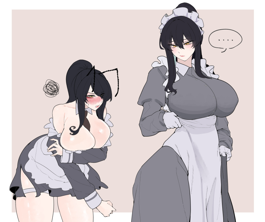 ..., 1girl, absurdres, adjusting_clothes, antennae, apron, bare_shoulders, black_hair