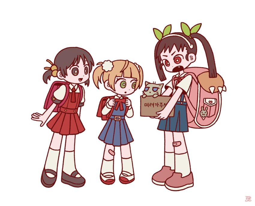 3girls, ascot, backpack, bag, bag_charm, bandaid, bandaid_on_leg, belt