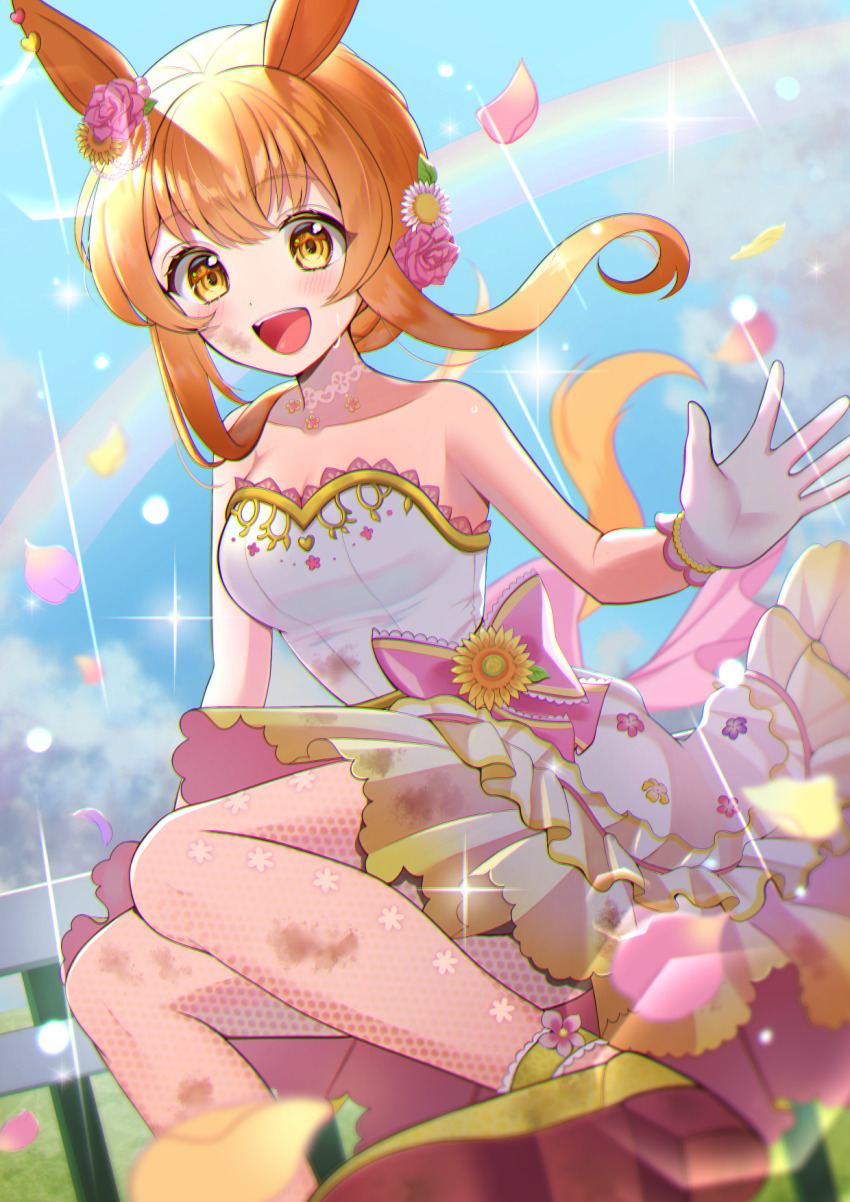 1girl, animal_ears, bare_shoulders, blue_sky, blush, breasts, bride, collarbone