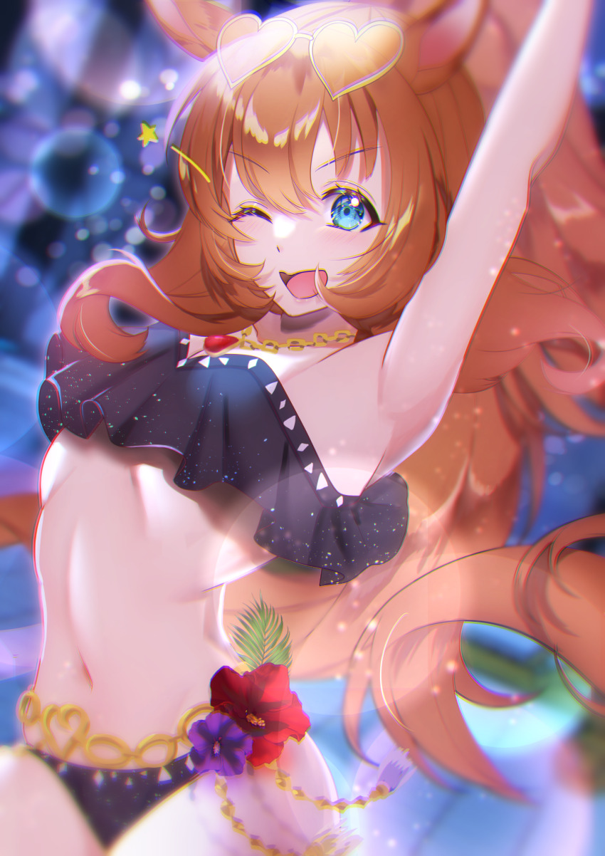 1girl, animal_ears, armor, armpits, bikini, black_bikini, blue_eyes, blush