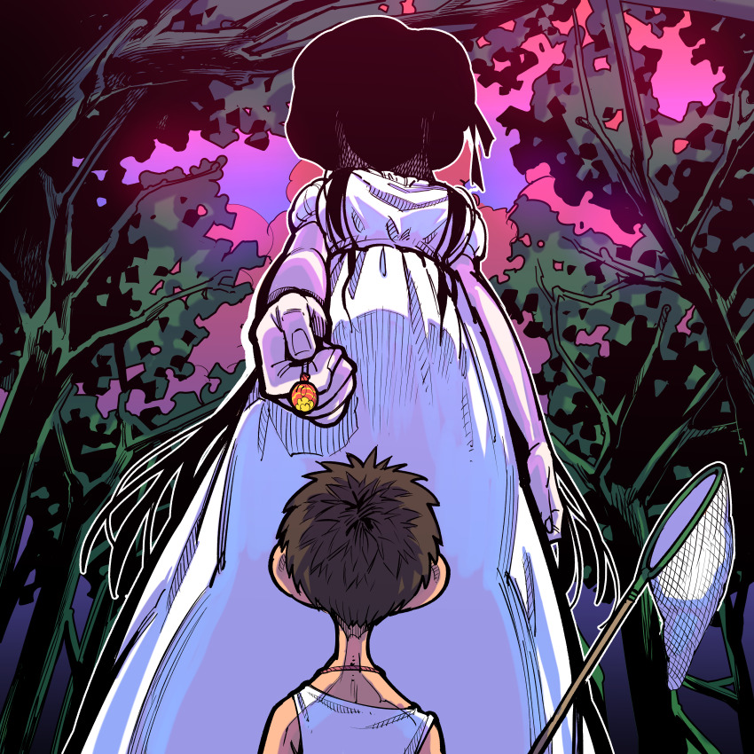 1boy, 1girl, absurdres, black_hair, breasts, brown_hair, butterfly_net, candy