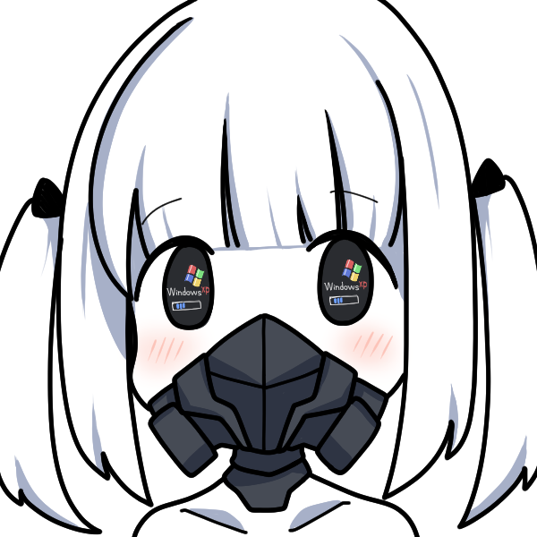 1girl, blue_archive, blush, chibi, chibi_only, colored_skin, ein_(blue_archive), hiyoko_monaka, loading_screen, looking_at_viewer, mask, microsoft_windows, portrait, respirator, simple_background, solo, twintails, white_background, white_hair, white_skin, windows_xp