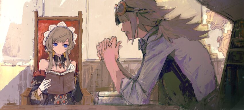 1boy, 1girl, alain_guillotin, apron, black_apron, black_dress, black_sleeves, blue_eyes, book, brown_hair, chair, collared_shirt, commentary, detached_collar, detached_sleeves, dress, facial_hair, frilled_sleeves, frills, gears, genshin_impact, gloves, goggles, goggles_on_head, grey_hair, hands_up, headdress, highres, holding, holding_book, indoors, long_hair, long_sleeves, looking_at_another, low_ponytail, mustache, old, old_man, on_chair, open_book, own_hands_together, parted_lips, ponytail, sandrone_(genshin_impact), she_(morianosu), shirt, sidelocks, sitting, sleeves_rolled_up, strapless, strapless_dress, table, untranslatable_commentary, white_gloves, white_shirt, wing_collar, wooden_table