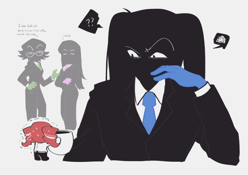 4girls, ?, ??, absurdres, another_cup_(synthesizer_v), blue_gloves, blue_necktie, collared_shirt