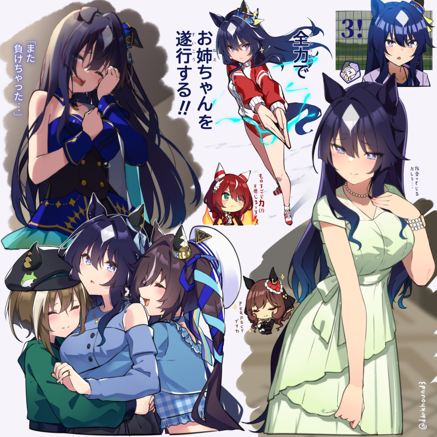 5girls, animal_ears, black_hat, blue_hair, blue_ribbon, breasts, brown_hair, cheval_grand_(casual)_(umamusume)