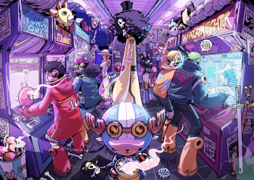 2026, 3girls, 6+boys, ^_^, afro, antlers, arcade, arcade_cabinet