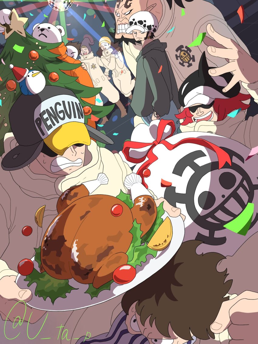 1girl, 6+boys, ^_^, arm_tattoo, beard, bepo_(one_piece), brown_hair, christmas_tree