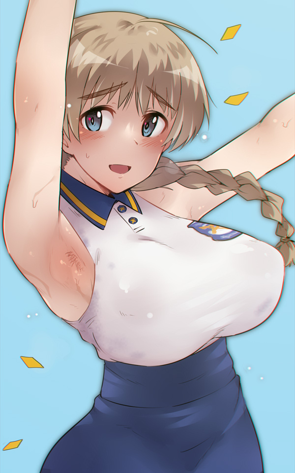 501st_joint_fighter_wing_(emblem), arm_up, armpits, arms_up, blue_background, blue_eyes, blue_skirt, blush, braid, braided_ponytail, breasts, brown_hair, collared_shirt, commentary_request, em_(totsuzen_no_hakike), hair_over_shoulder, high-waist_skirt, large_breasts, lynette_bishop, polo_shirt, shirt, single_braid, skirt, sleeveless, sleeveless_shirt, strike_witches, sweat, upper_body, world_witches_series