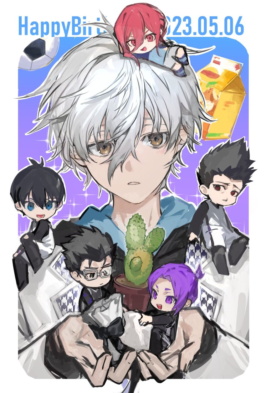 2023, 5boys, ball, barou_shouei, black_bodysuit, black_eyes, black_hair, black_hoodie