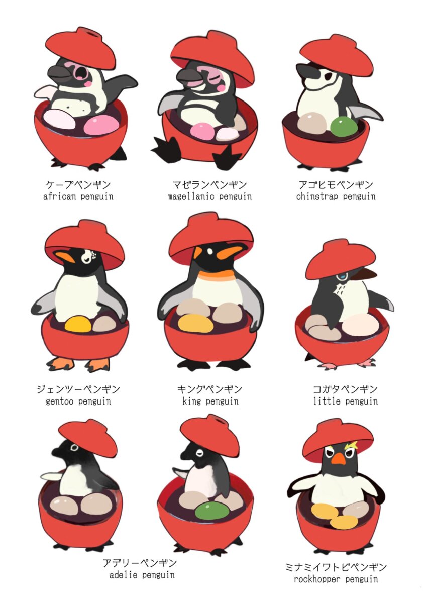 adelie_penguin, african_penguin, animal, animal-themed_food, animal_focus, animal_name, bilingual_text, bird, chinstrap_penguin, commentary, english_commentary, english_text, food, food-themed_creature, food_focus, gentoo_penguin, highres, king_penguin, little_penguin, magellanic_penguin, mixed-language_text, mochi, no_humans, okashitofushigi, original, penguin, rockhopper_penguin, simple_background, white_background