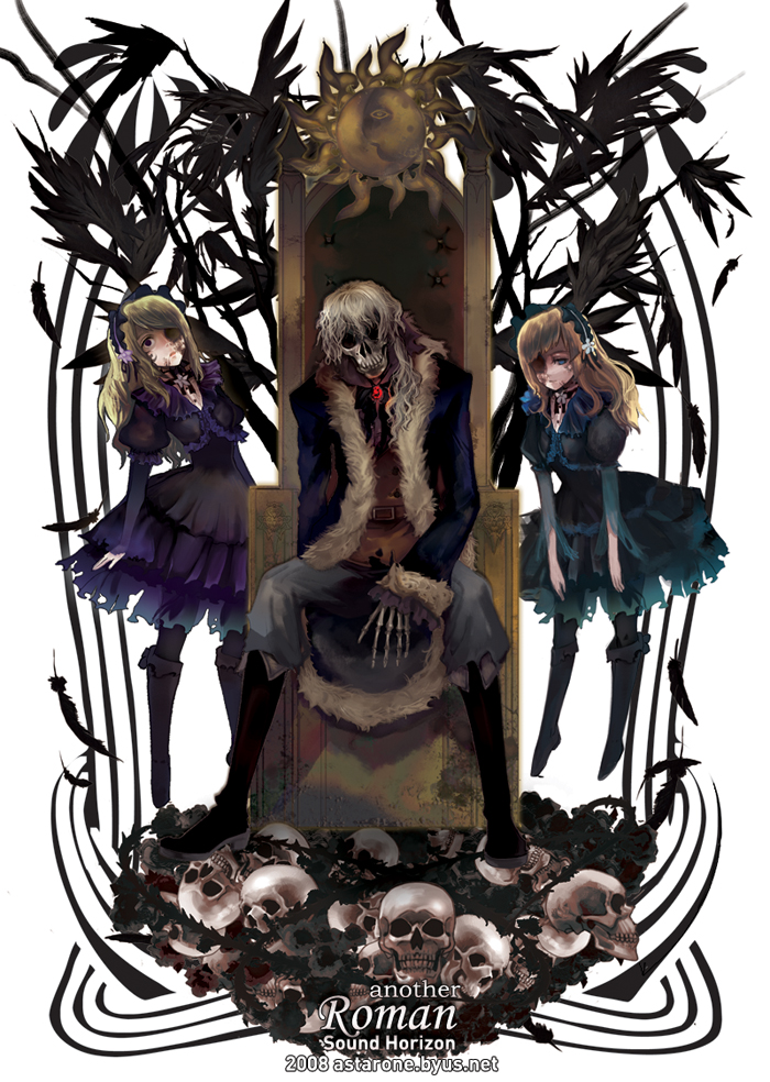 1boy, 2girls, another_roman, astarone, blonde_hair, blue_eyes, dress, feathers