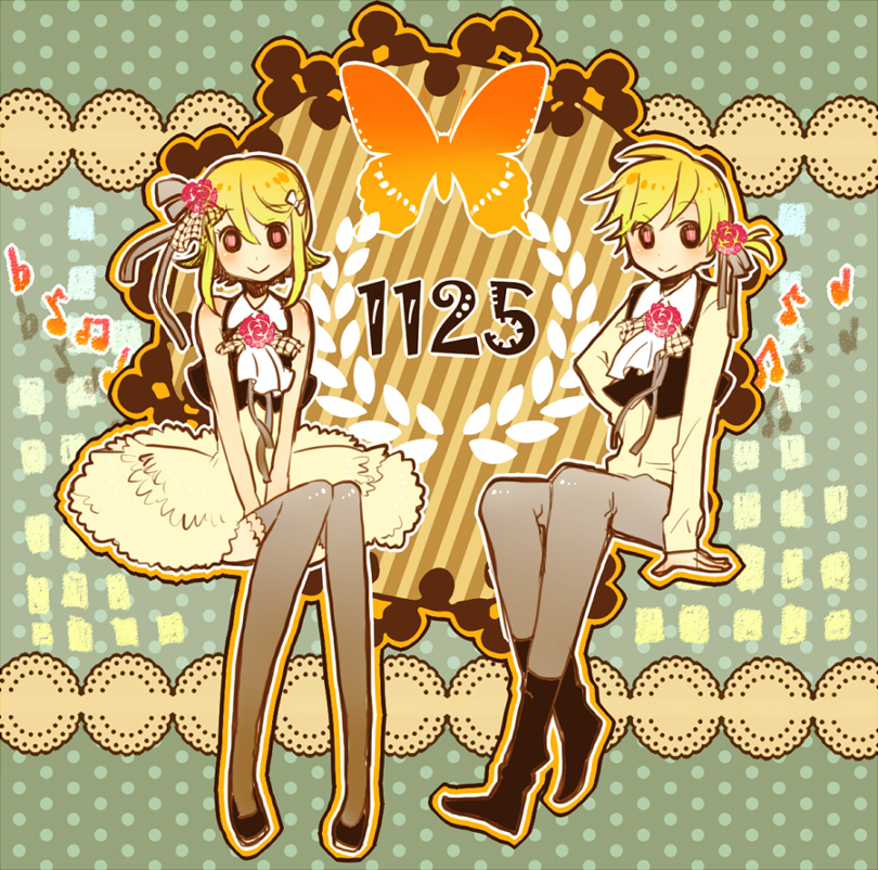 1boy, 1girl, 7:24, :>, blonde_hair, bow, brother_and_sister, dress