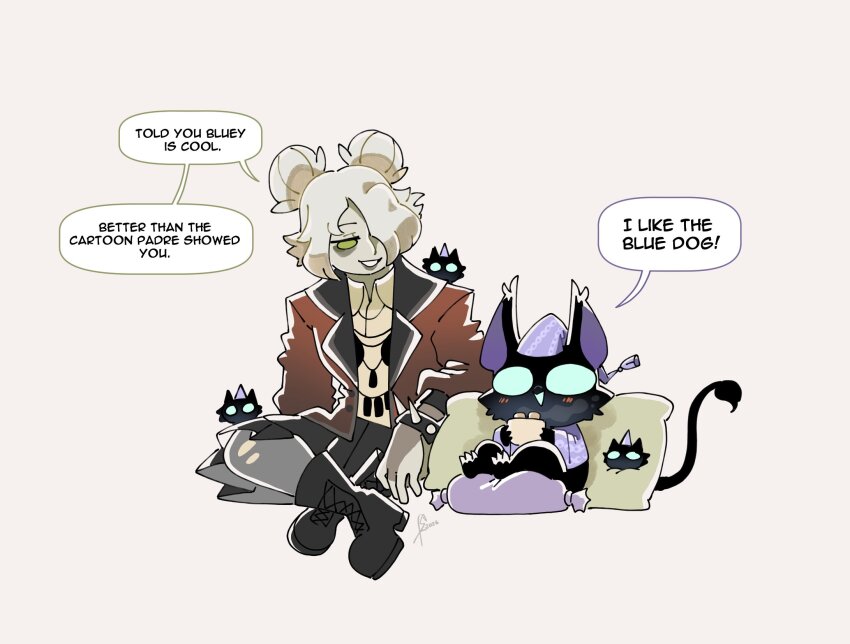 1boy, 1girl, 3others, bags_under_eyes, black_boots, black_fur, black_skirt, blazer