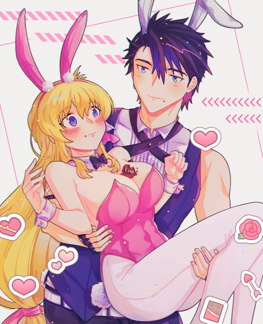 1boy, 1girl, agnes_claudel, animal_ear_hairband, animal_ears, blonde_hair, blue_eyes, blue_hair