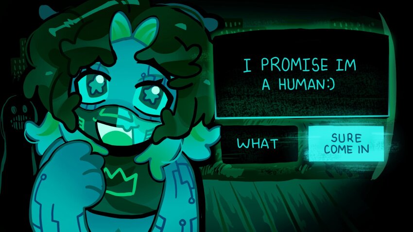 1other, androgynous, circuit_board_tattoo, commentary, crop_top, crown_print, curtained_hair, english_commentary