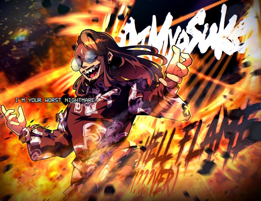 1boy, animification, black_shirt, brown_hair, character_name, commentary, dj_myosuke, ear_piercing